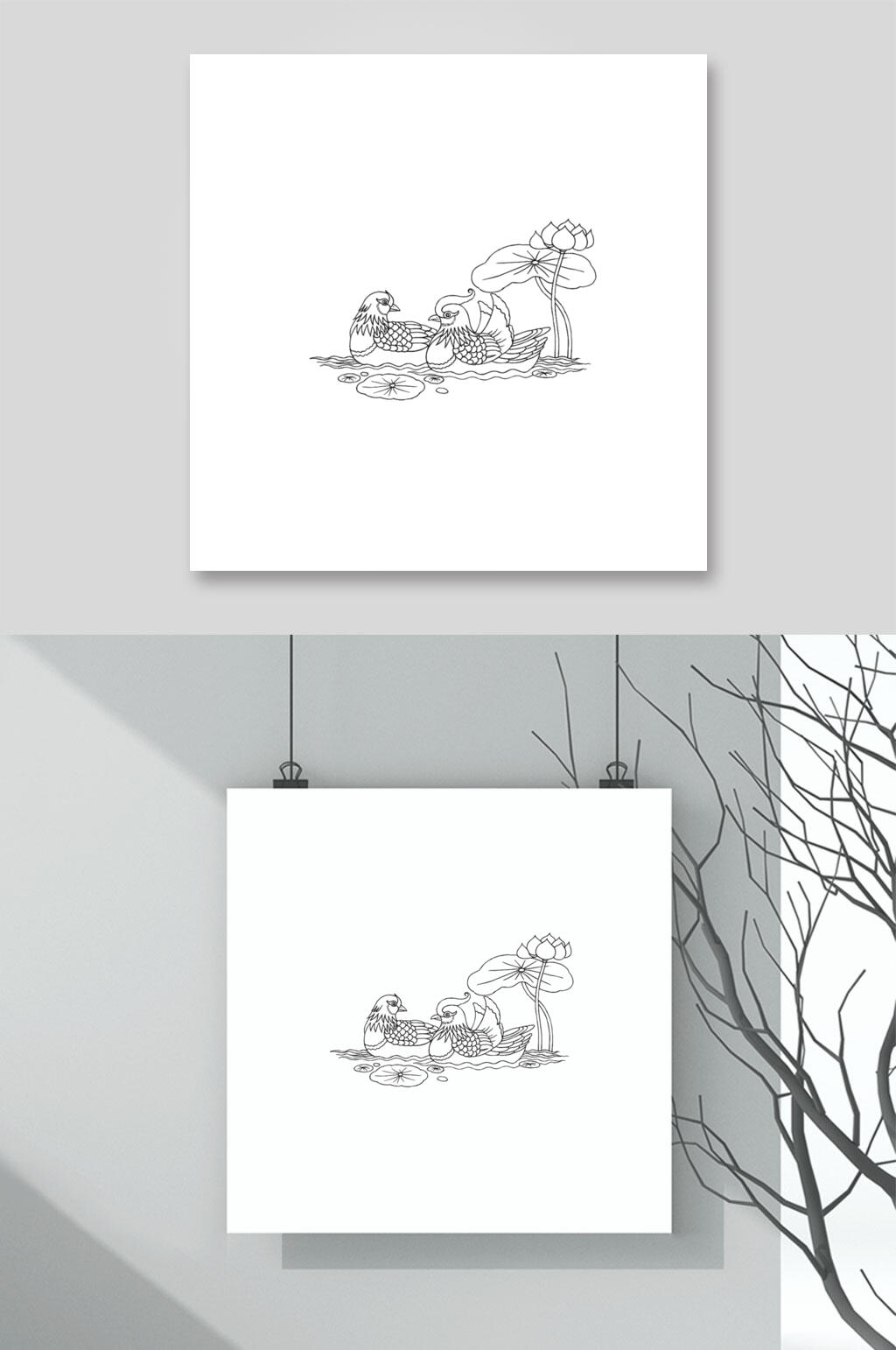 荷花黑色手绘古典线描纹样矢量素材素材