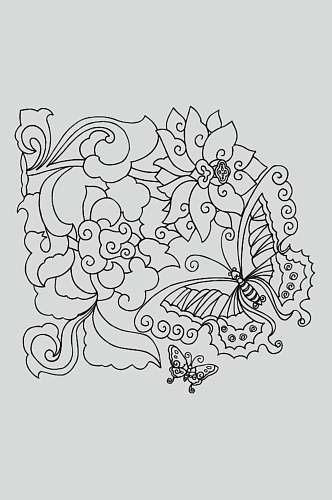 蝴蝶花朵黑色古典线描纹样矢量素材