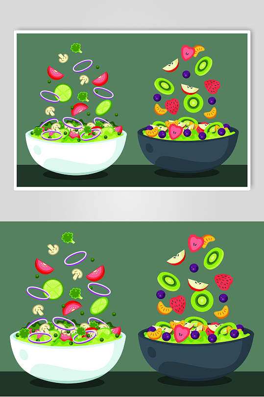 草莓绿色手绘水果沙拉蔬菜矢量素材