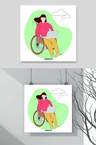 轮椅云朵绿红手绘残疾人矢量素材