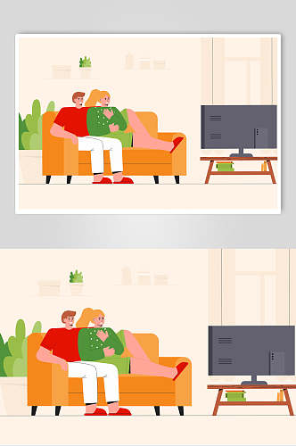 沙发电视黄绿手绘清新居家矢量素材