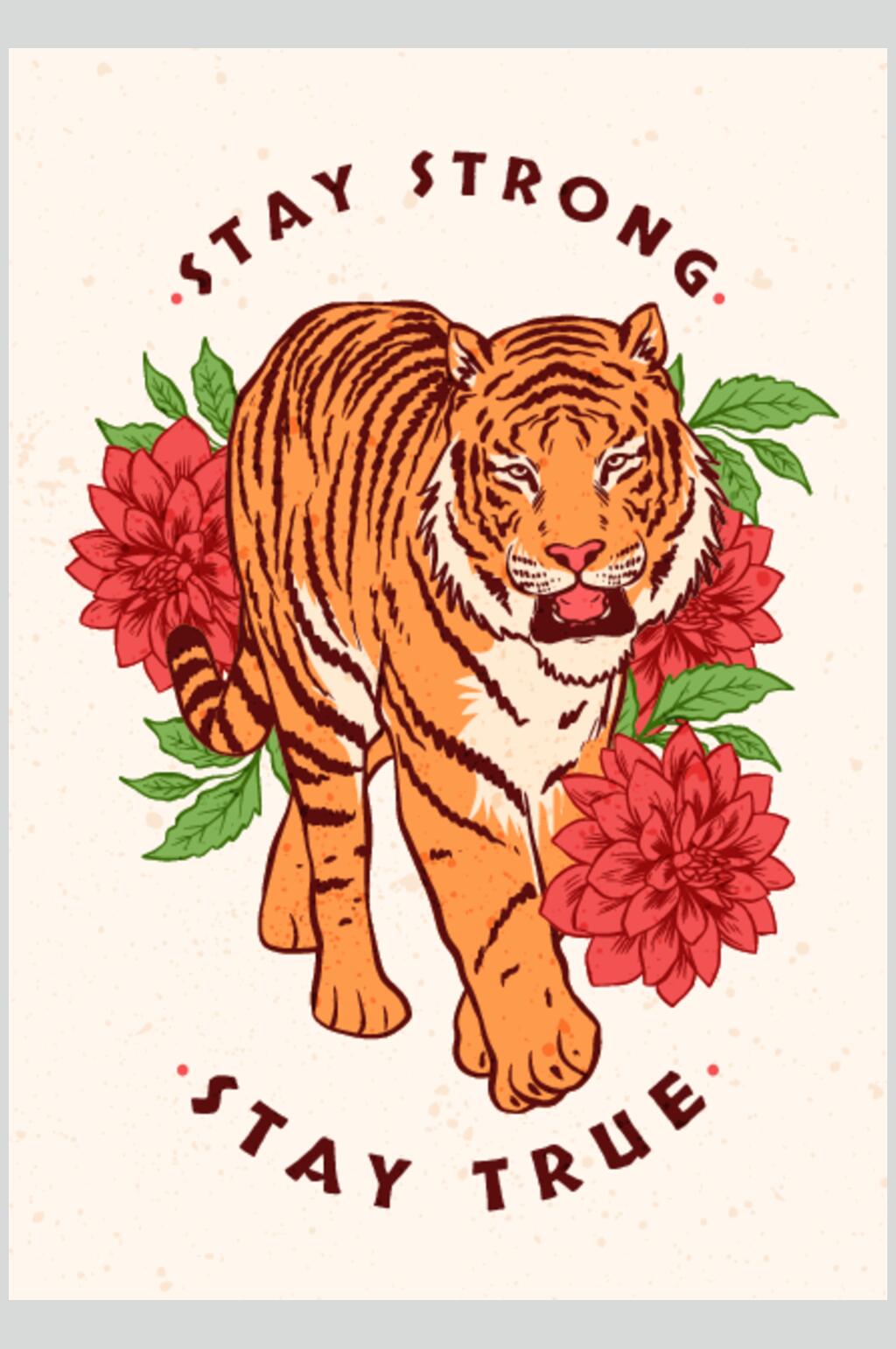花朵叶子手绘黄红老虎插画矢量素材素材