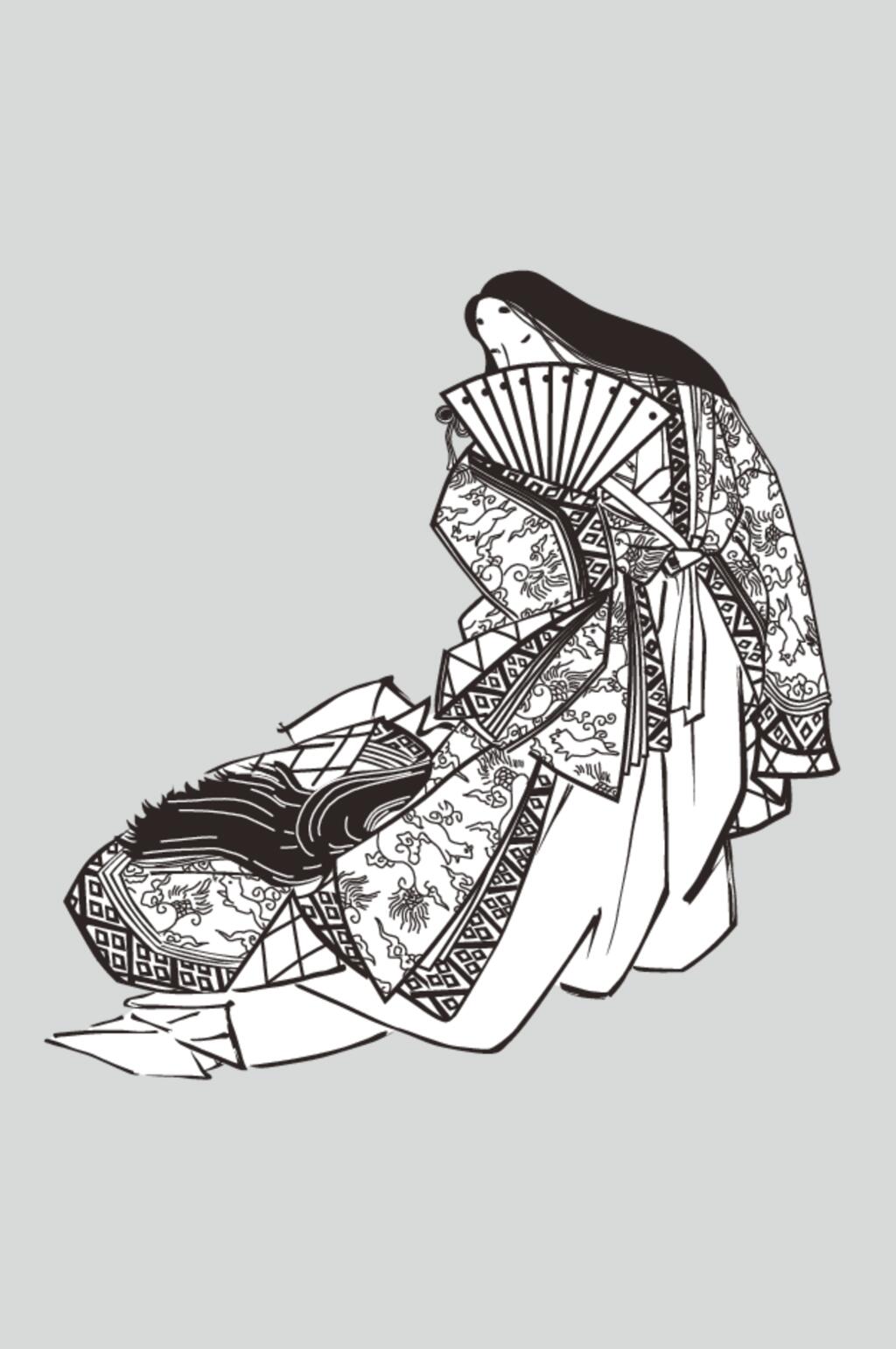 扇子黑色手绘矢量浮世绘仕女素材素材