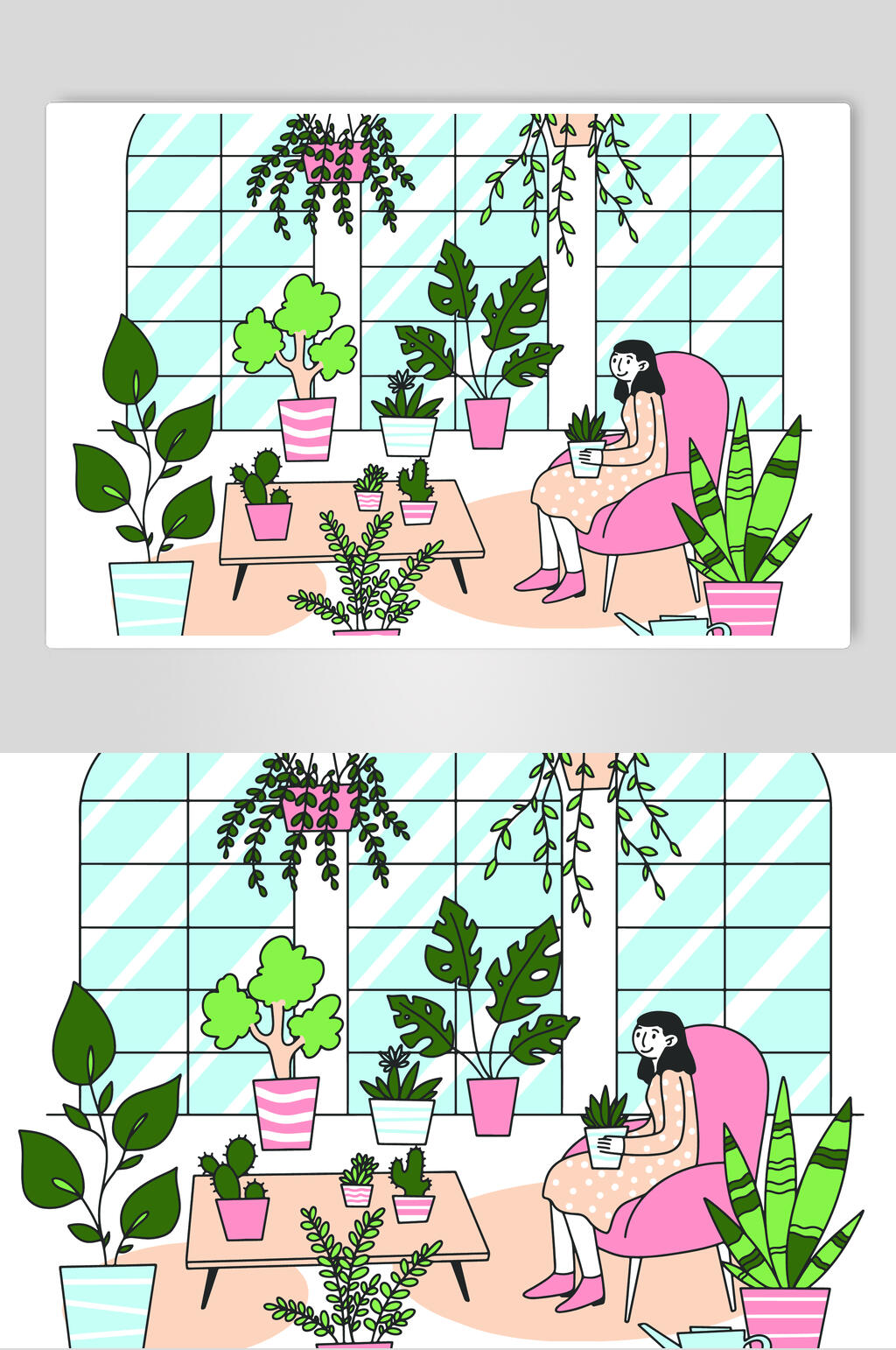 植物窗户叶子简约手绘家庭矢量素材素材