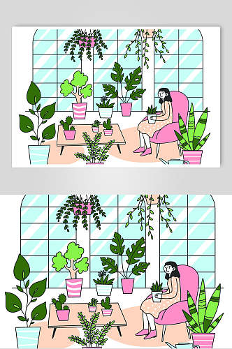 植物窗户叶子简约手绘家庭矢量素材