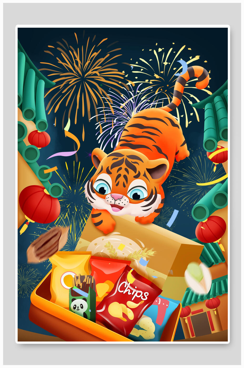 烟花虎年插画素材素材
