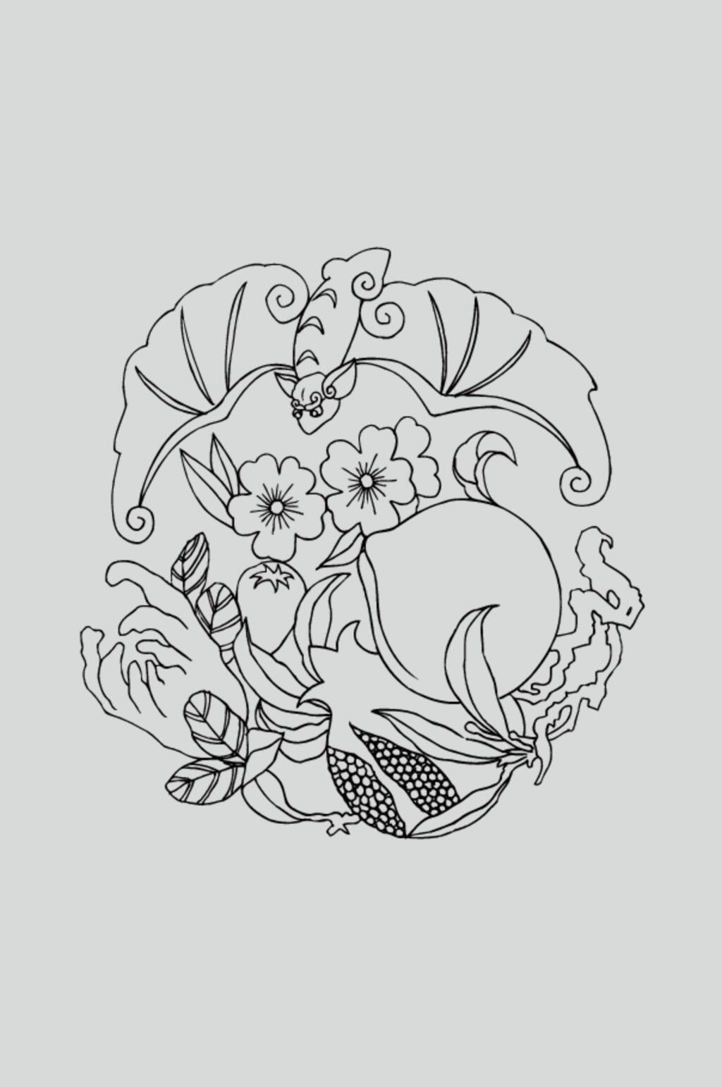 花朵蝙蝠黑色古典线描纹样矢量素材素材