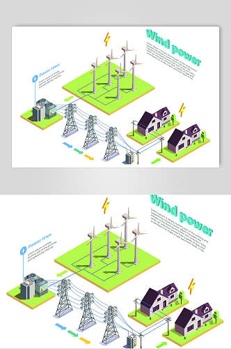 风车绿色房子简约环保发电矢量素材