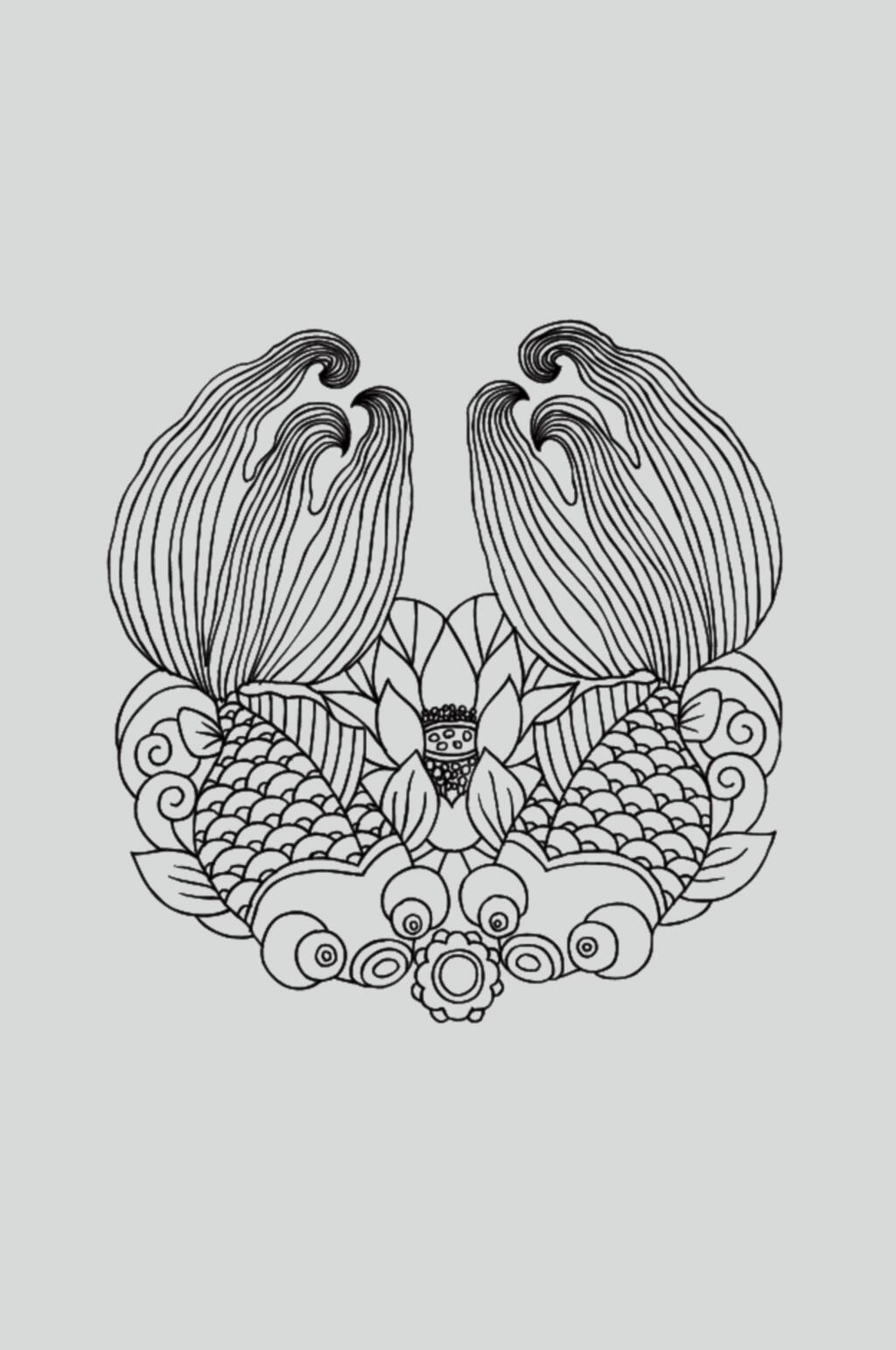 锦鲤黑色手绘古典线描纹样矢量素材素材
