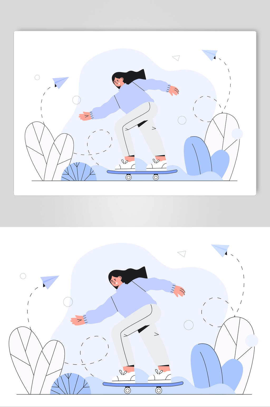 少女飞机蓝色手绘清新滑板矢量素材素材