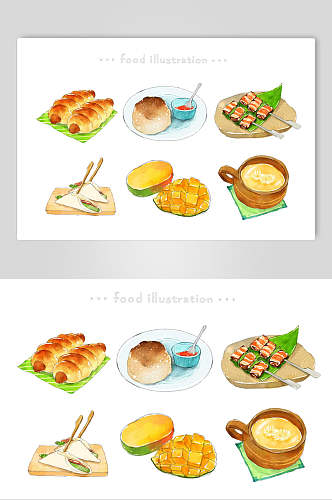 面包盘子黄绿手绘美食小吃插画素材