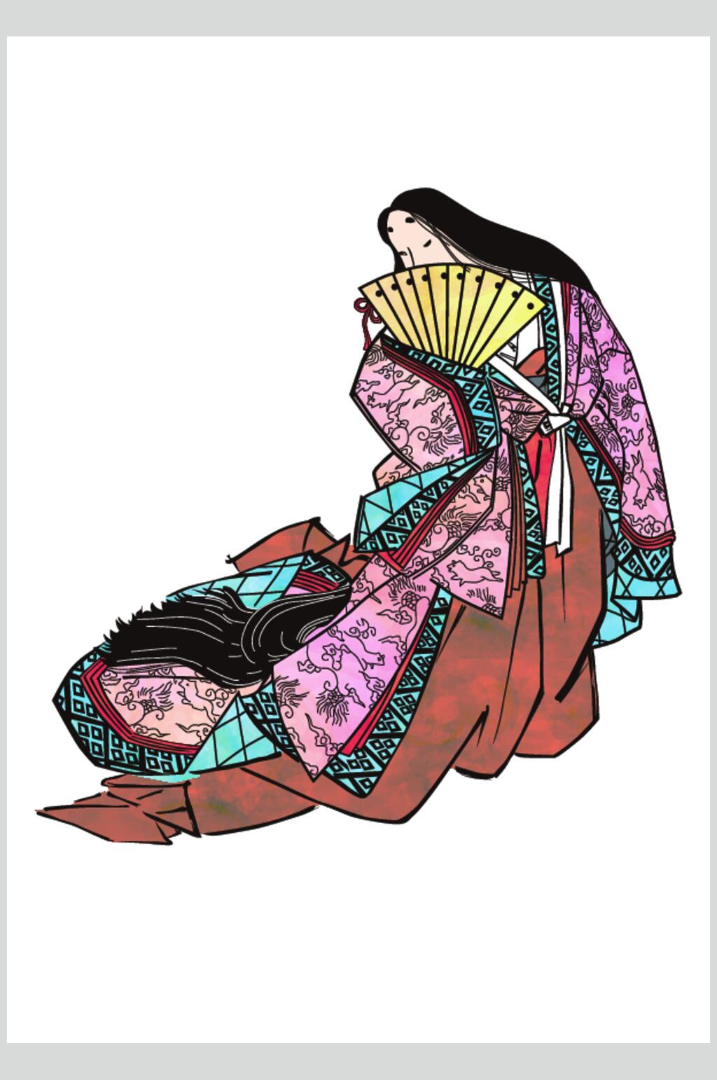 手绘矢量浮世绘仕女素材素材