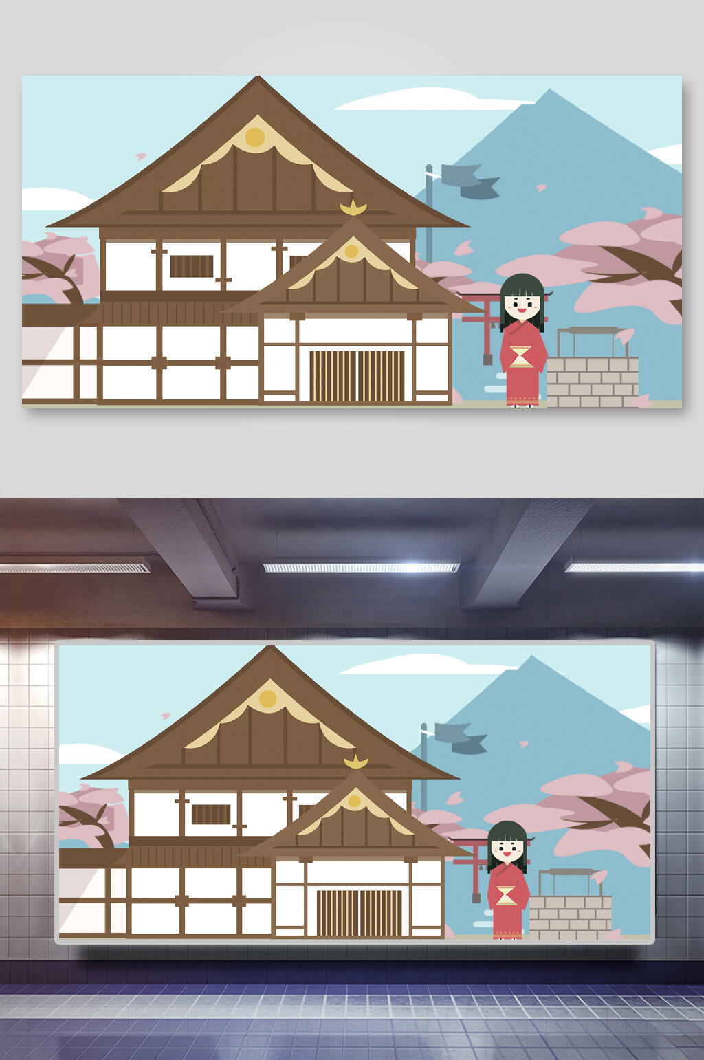 创意日式古镇建筑插画素材