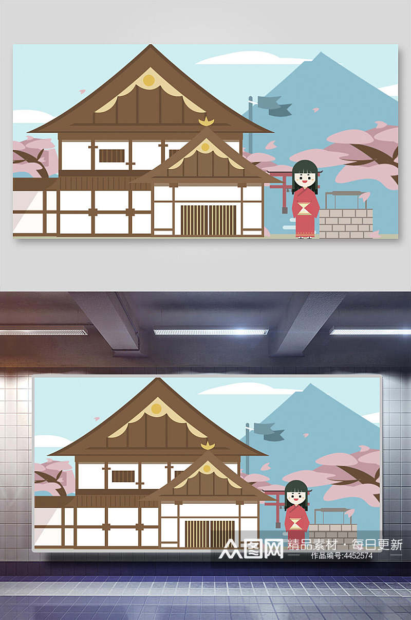 创意日式古镇建筑插画素材
