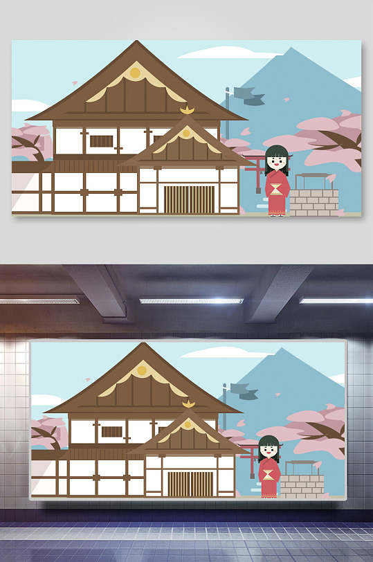 创意日式古镇建筑插画
