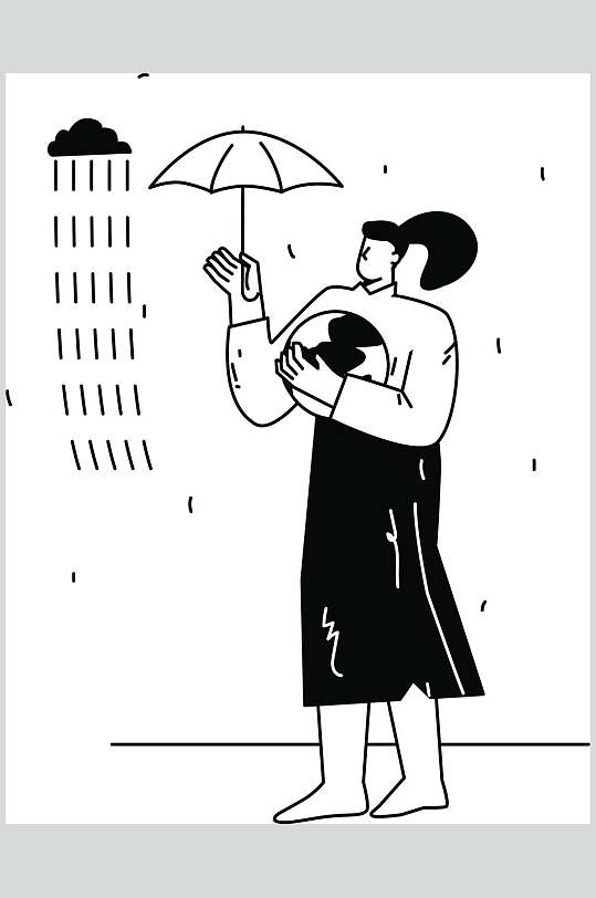 雨伞地球黑白简洁人物插画矢量素材