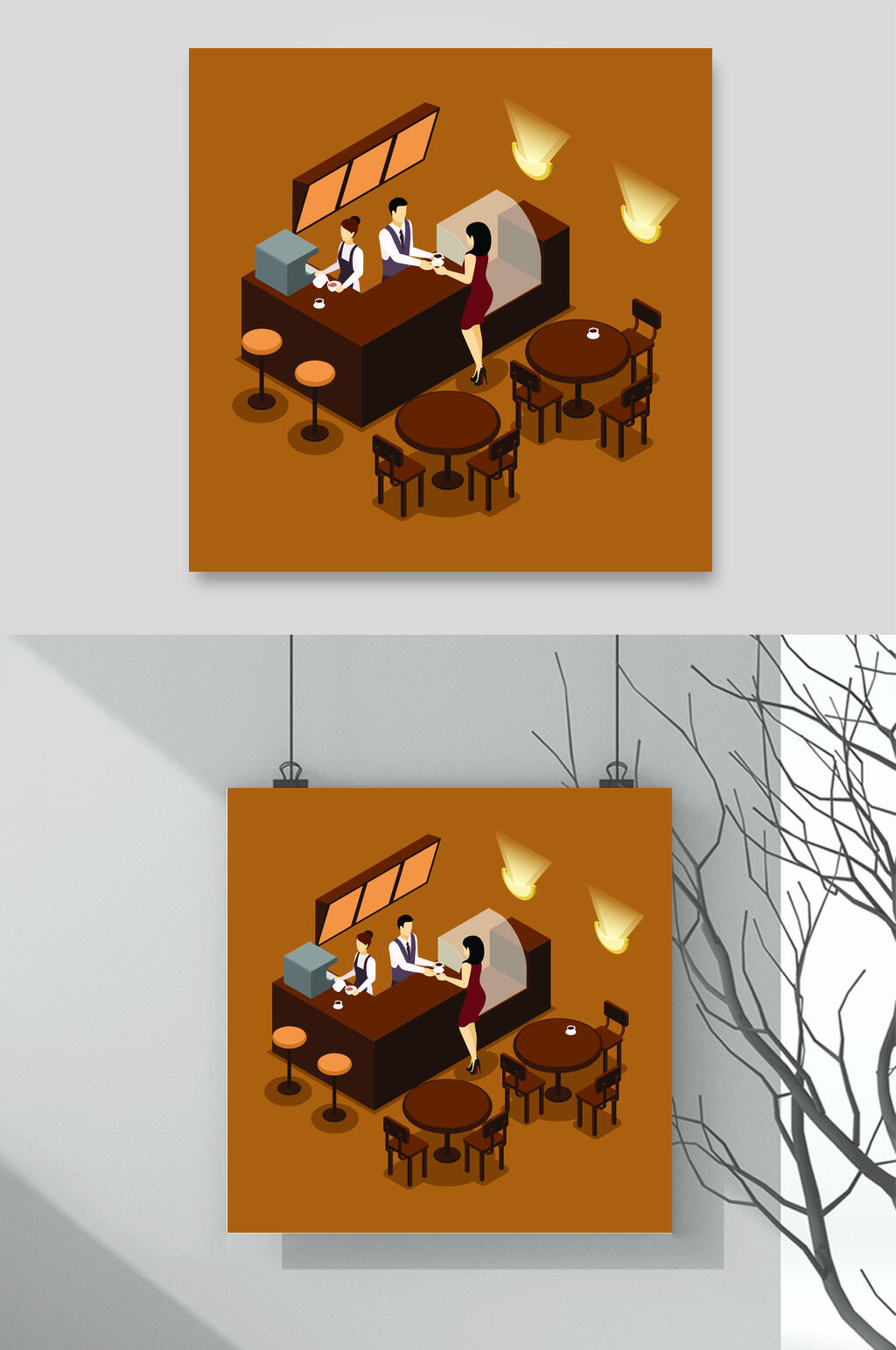 黄色简约咖啡厅场景等距插画矢量素材素材