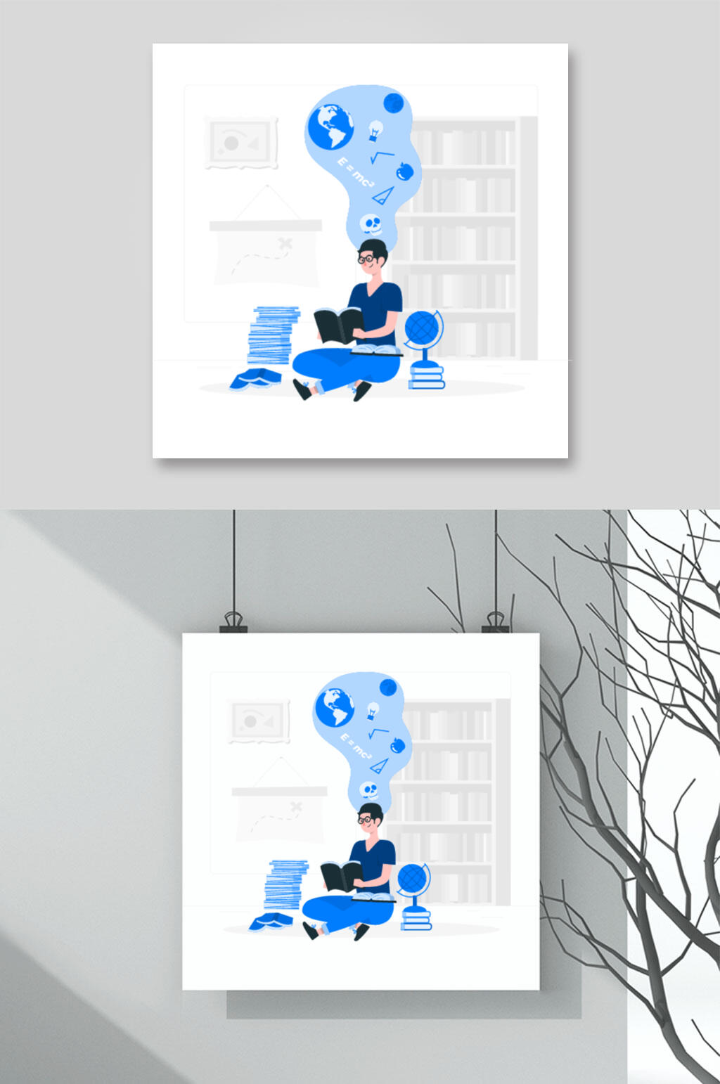 蓝灰手绘书本清新人物插画矢量素材素材