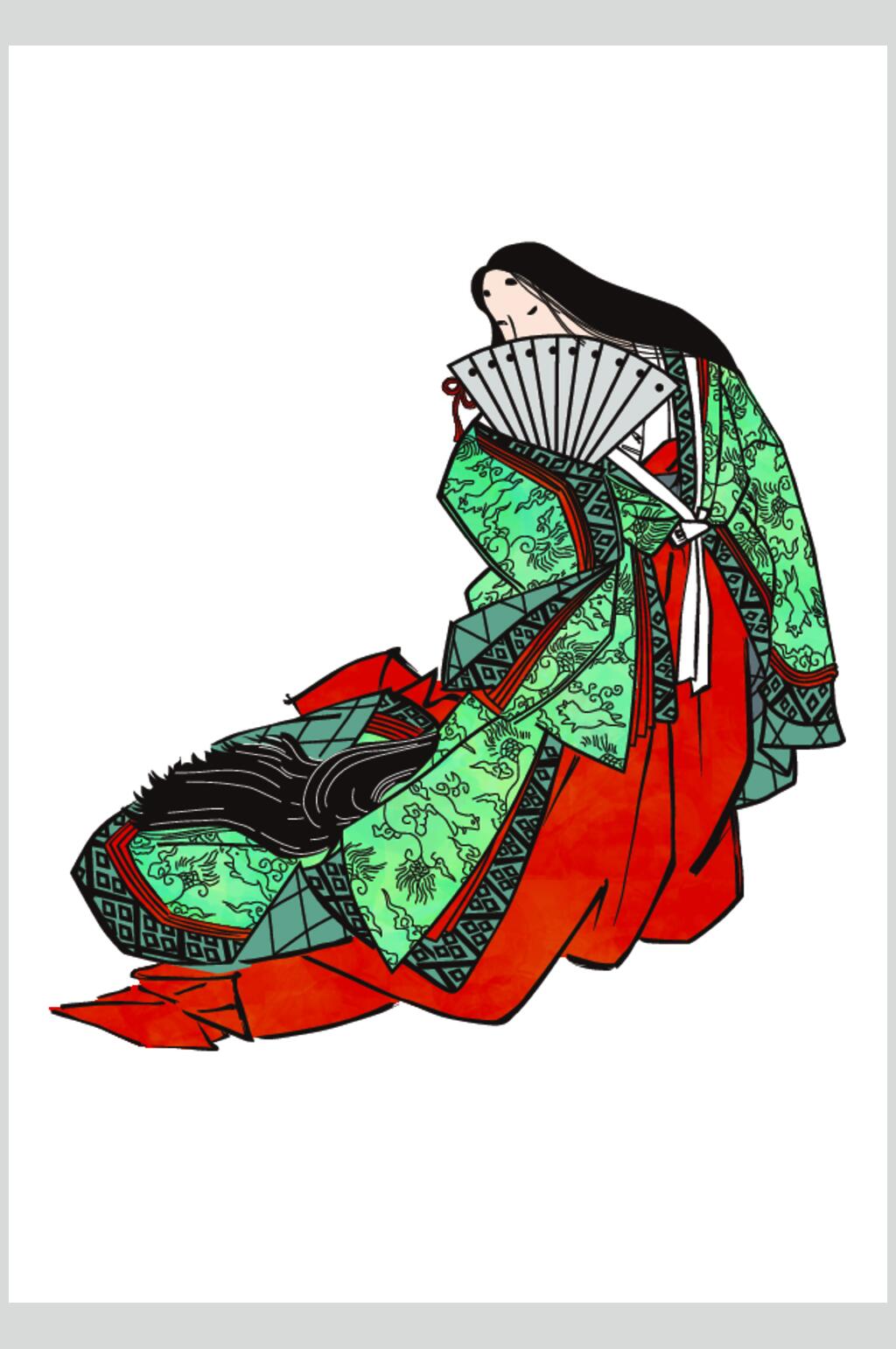 扇子简约红绿色矢量浮世绘仕女素材素材