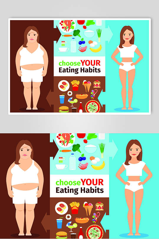 少女褐色绿色美食肥胖减肥矢量素材