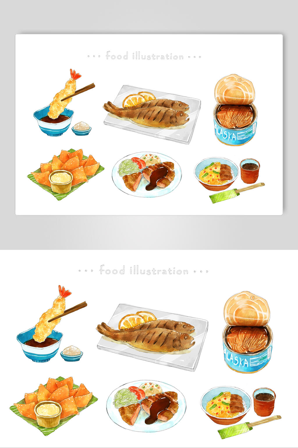 小鱼筷子黄蓝手绘美食小吃插画素材素材