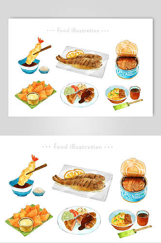 小鱼筷子黄蓝手绘美食小吃插画素材