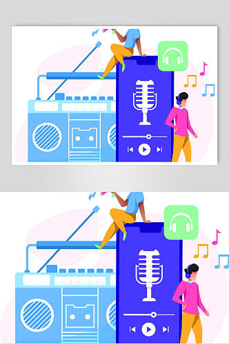 手机蓝色喇叭耳机卡通人物矢量素材