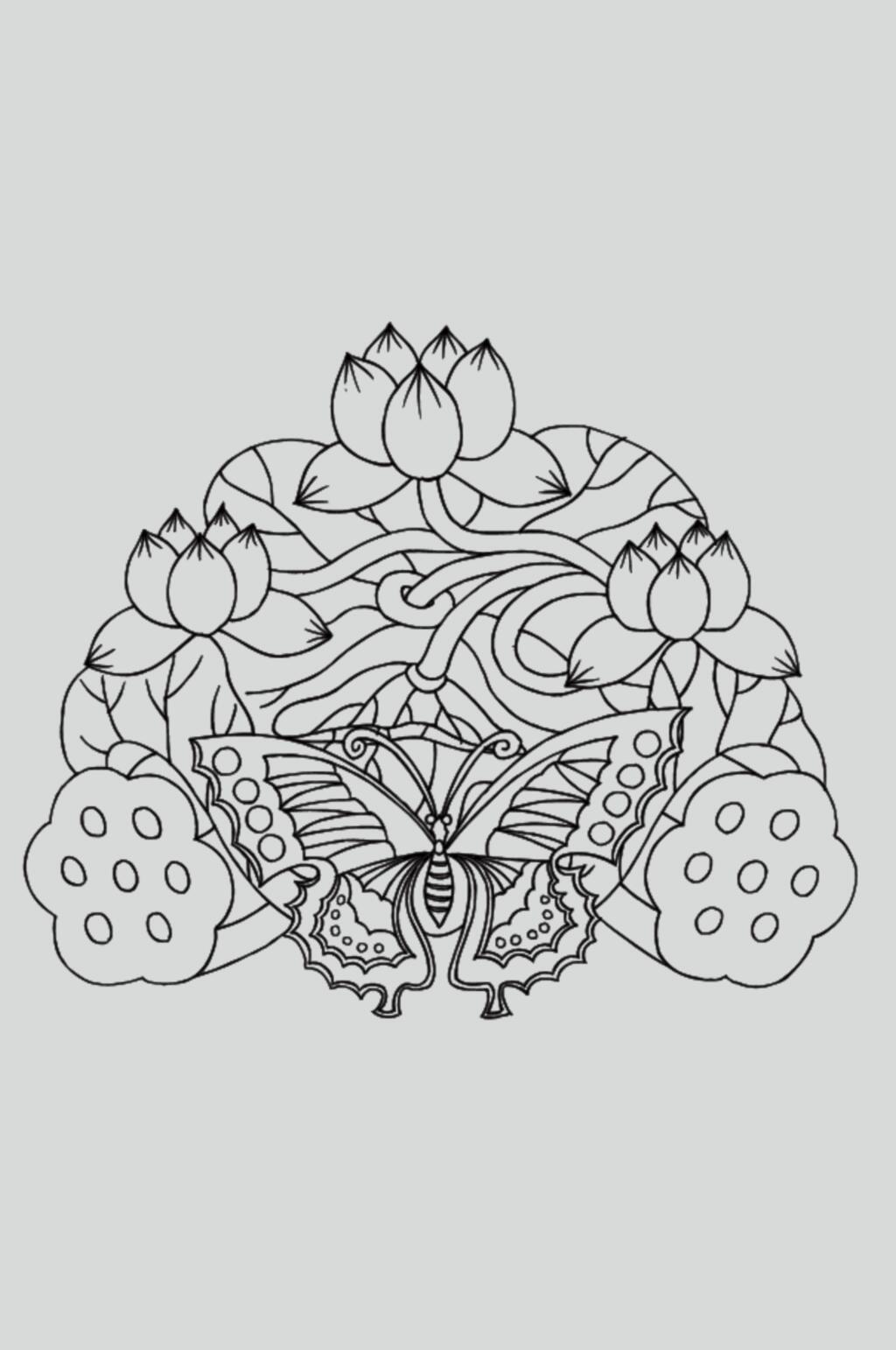 花朵蝴蝶黑色古典线描纹样矢量素材素材