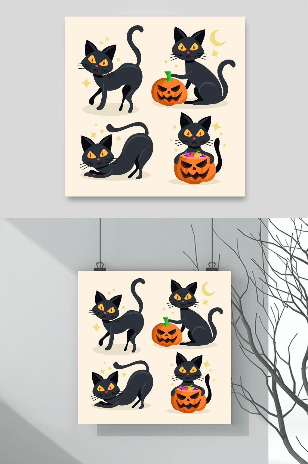 南瓜黑黄色矢量万圣节猫咪插画素材素材