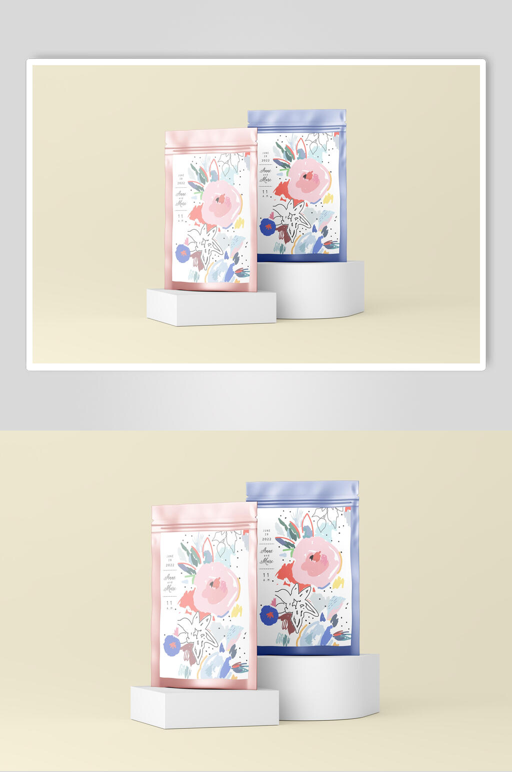 两个花卉图案食品自封袋样机素材