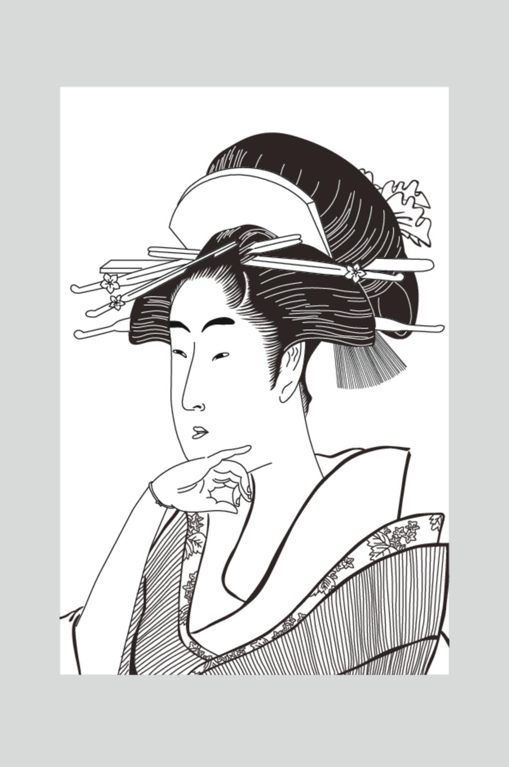 简约手绘黑色矢量浮世绘仕女素材素材