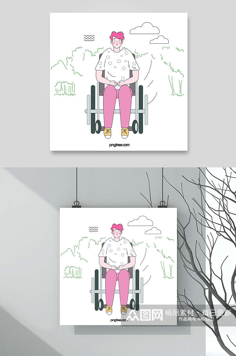 轮椅粉色云朵清新残疾人矢量素材素材