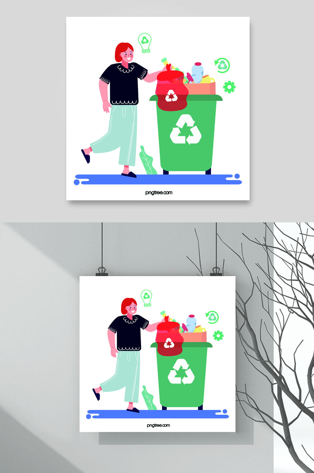 绿色少女手绘清新垃圾分类矢量素材素材