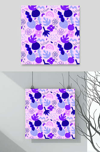 紫粉手绘花朵水彩时尚图案矢量素材
