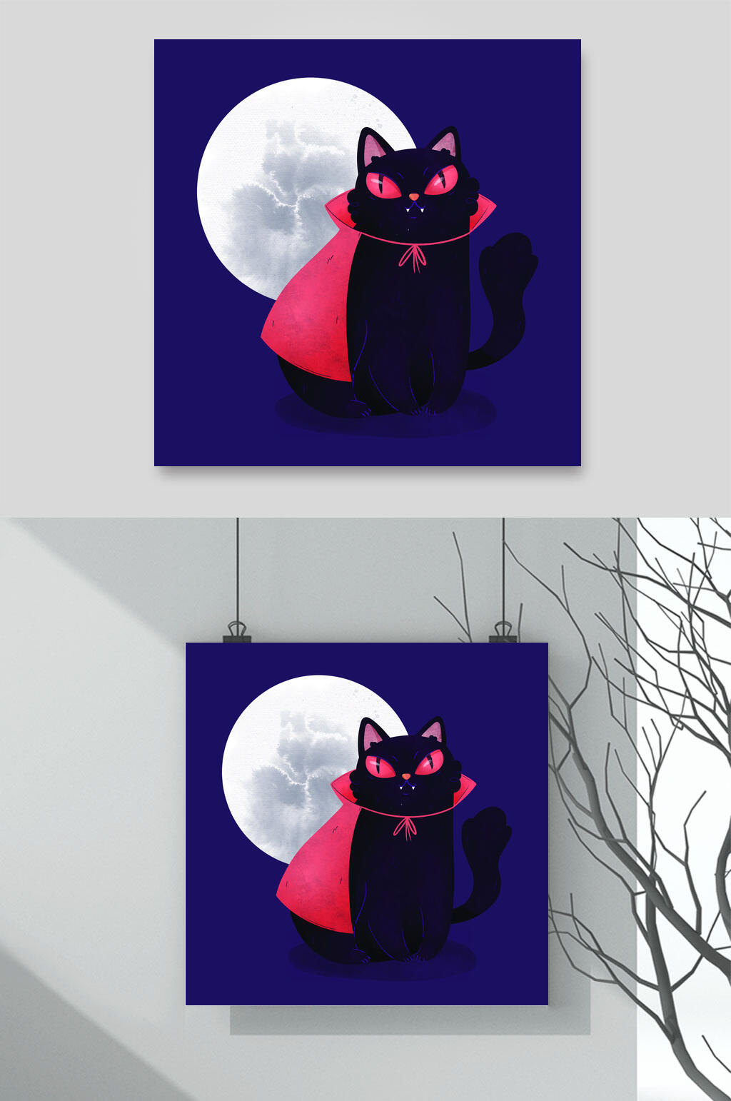 月球矢量万圣节猫咪插画素材素材