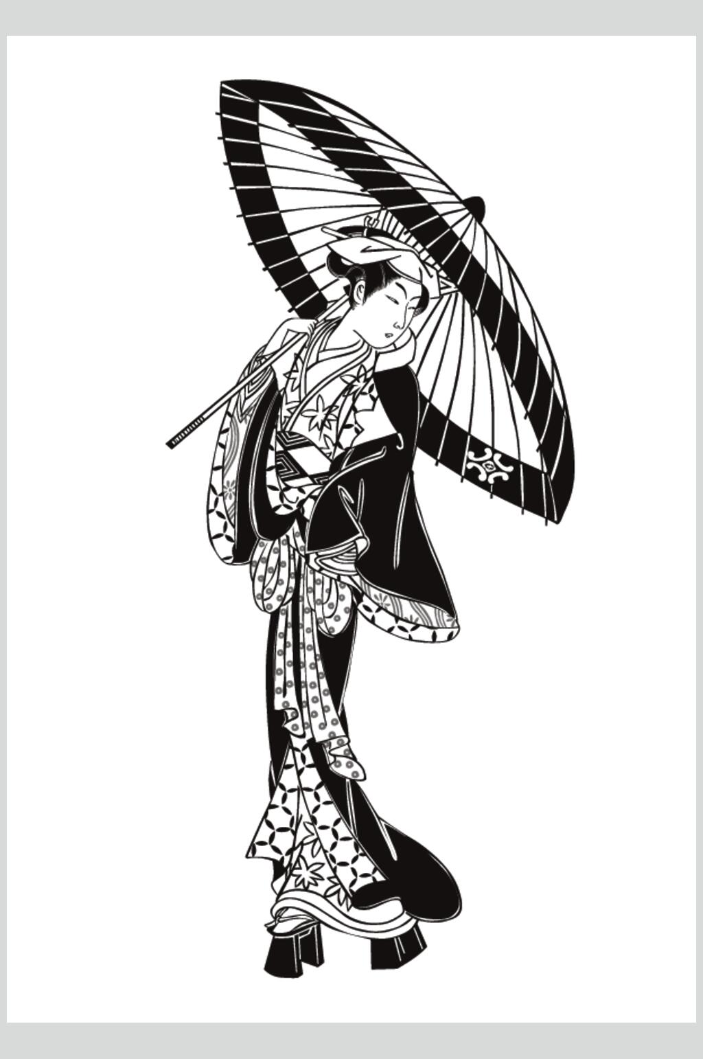 雨伞黑色手绘矢量浮世绘仕女素材素材