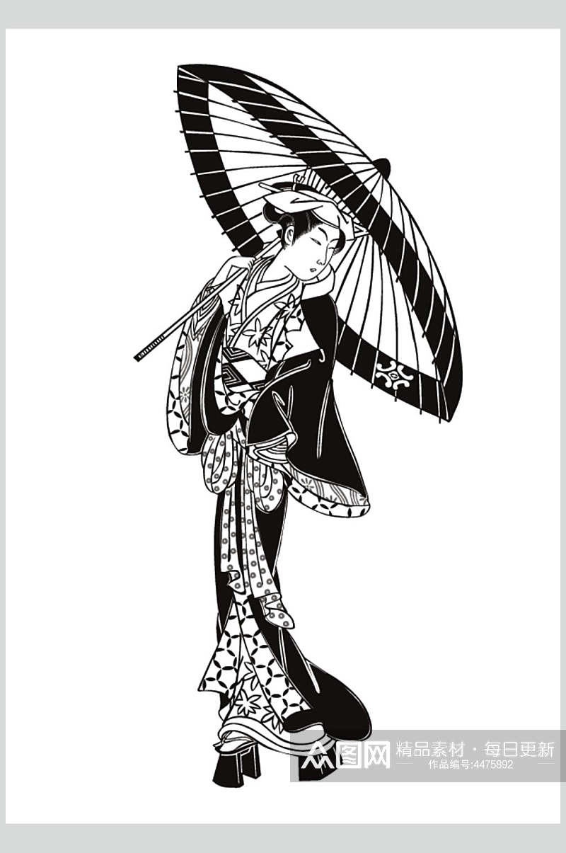 雨伞黑色手绘矢量浮世绘仕女素材素材