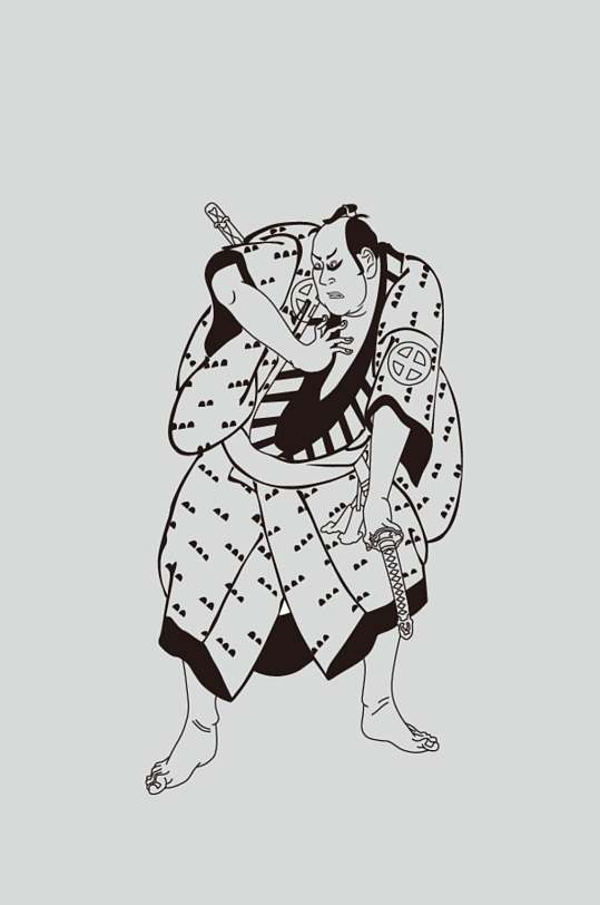 线条武士手绘黑矢量浮世绘仕女素材