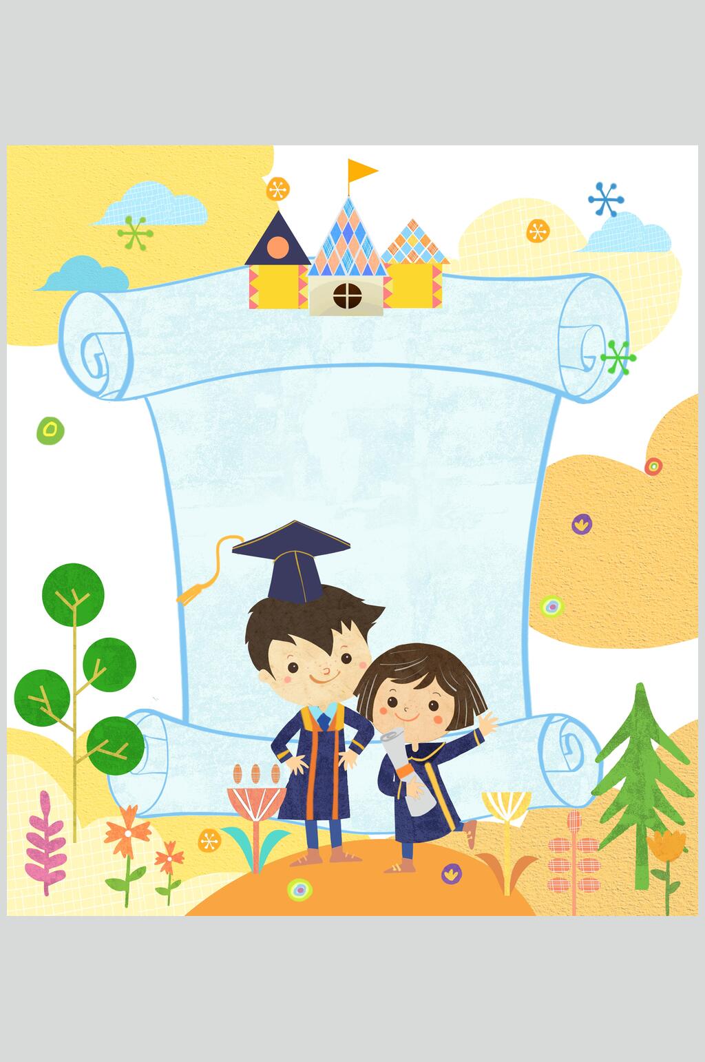 国旗花朵树木小学生毕业公告板素材素材