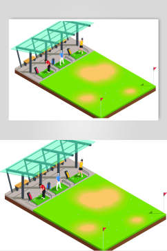 插画简约绿高尔夫球场装备矢量素材