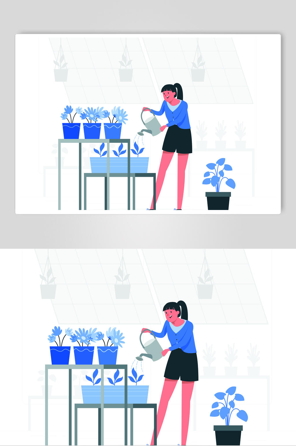 植物蓝色浇水简约清新工作矢量素材素材