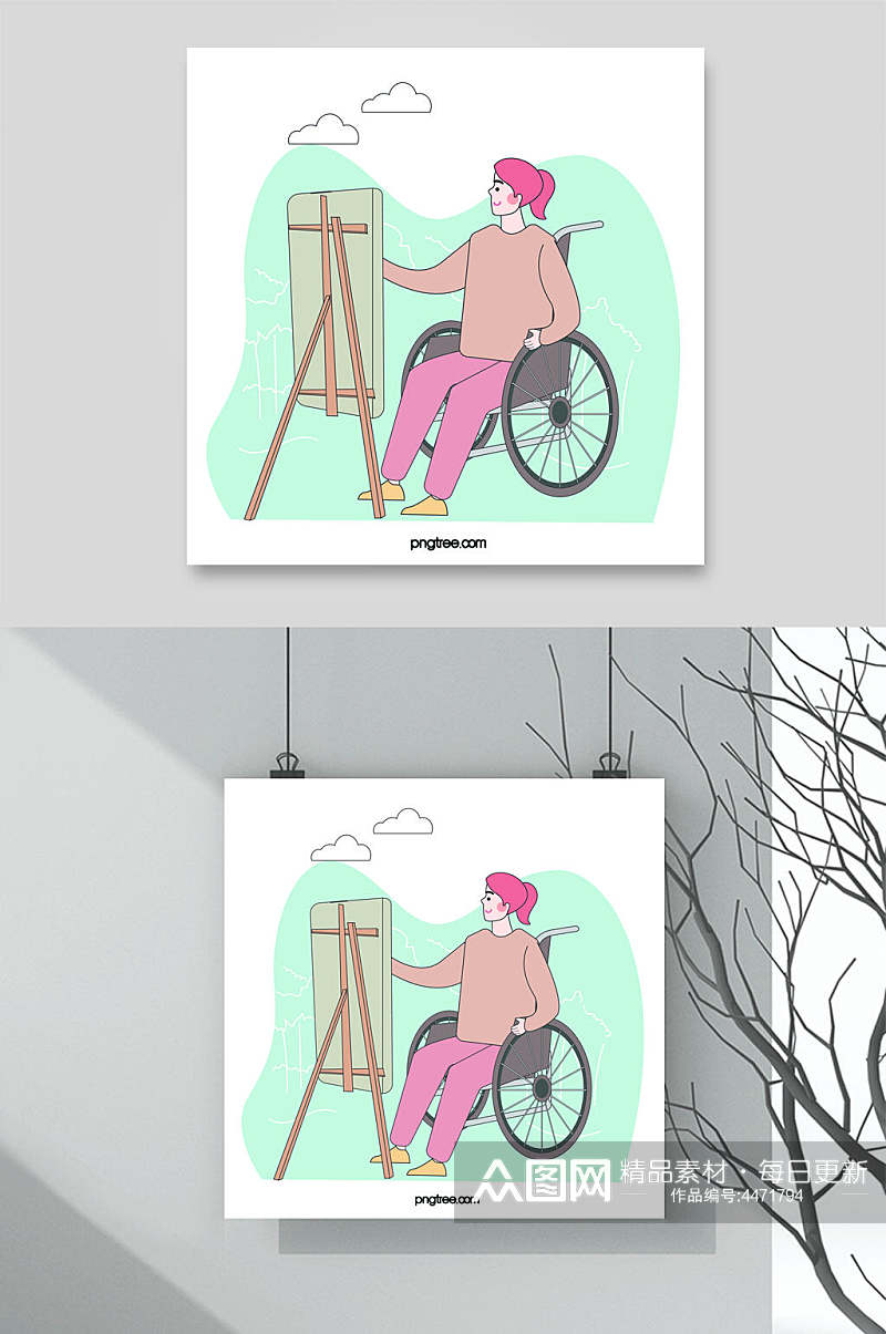 轮椅绿色简约手绘残疾人矢量素材素材