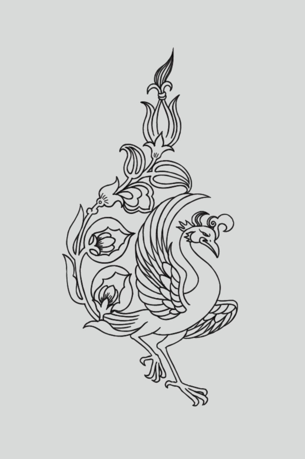 凤凰黑色花朵古典线描纹样矢量素材素材