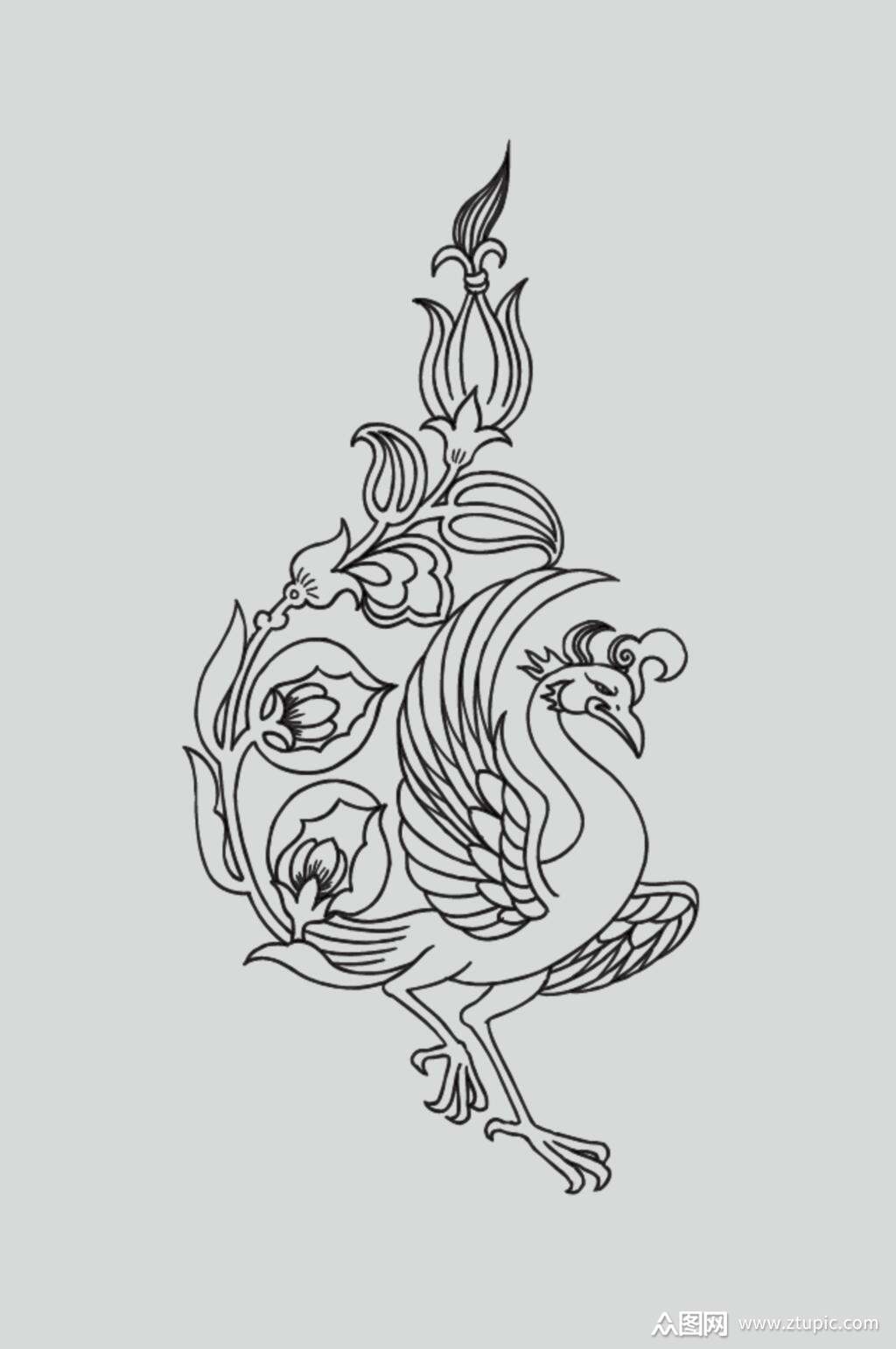 凤凰黑色花朵古典线描纹样矢量素材素材