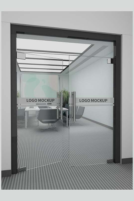 地板条纹门玻璃LOGO标志样机