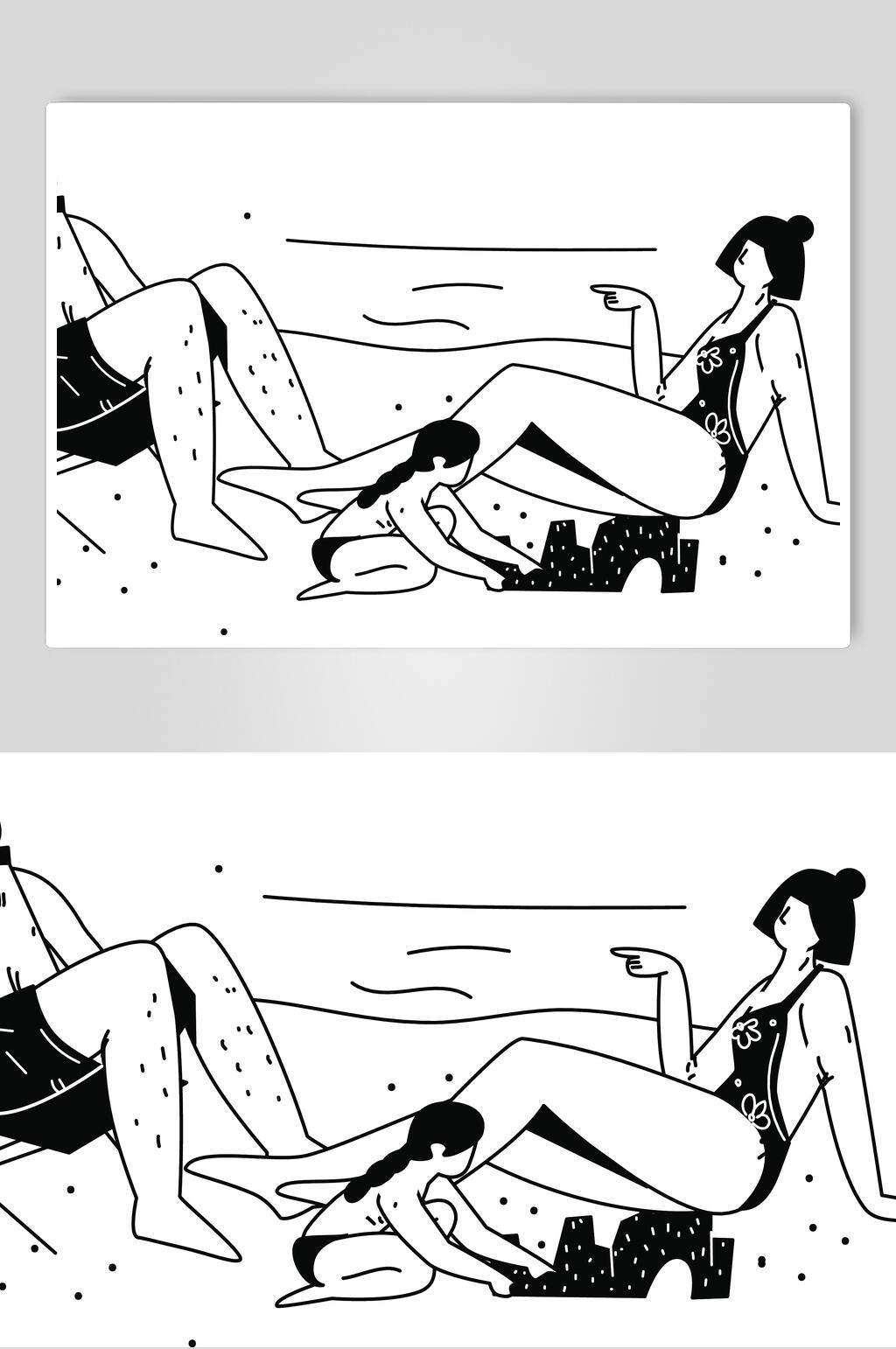 沙滩手绘黑白简洁人物插画矢量素材素材