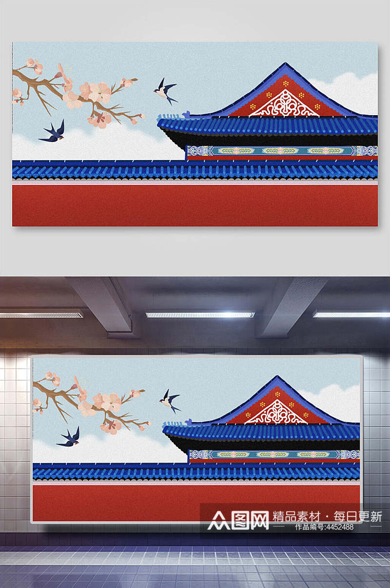 红色古镇建筑插画素材