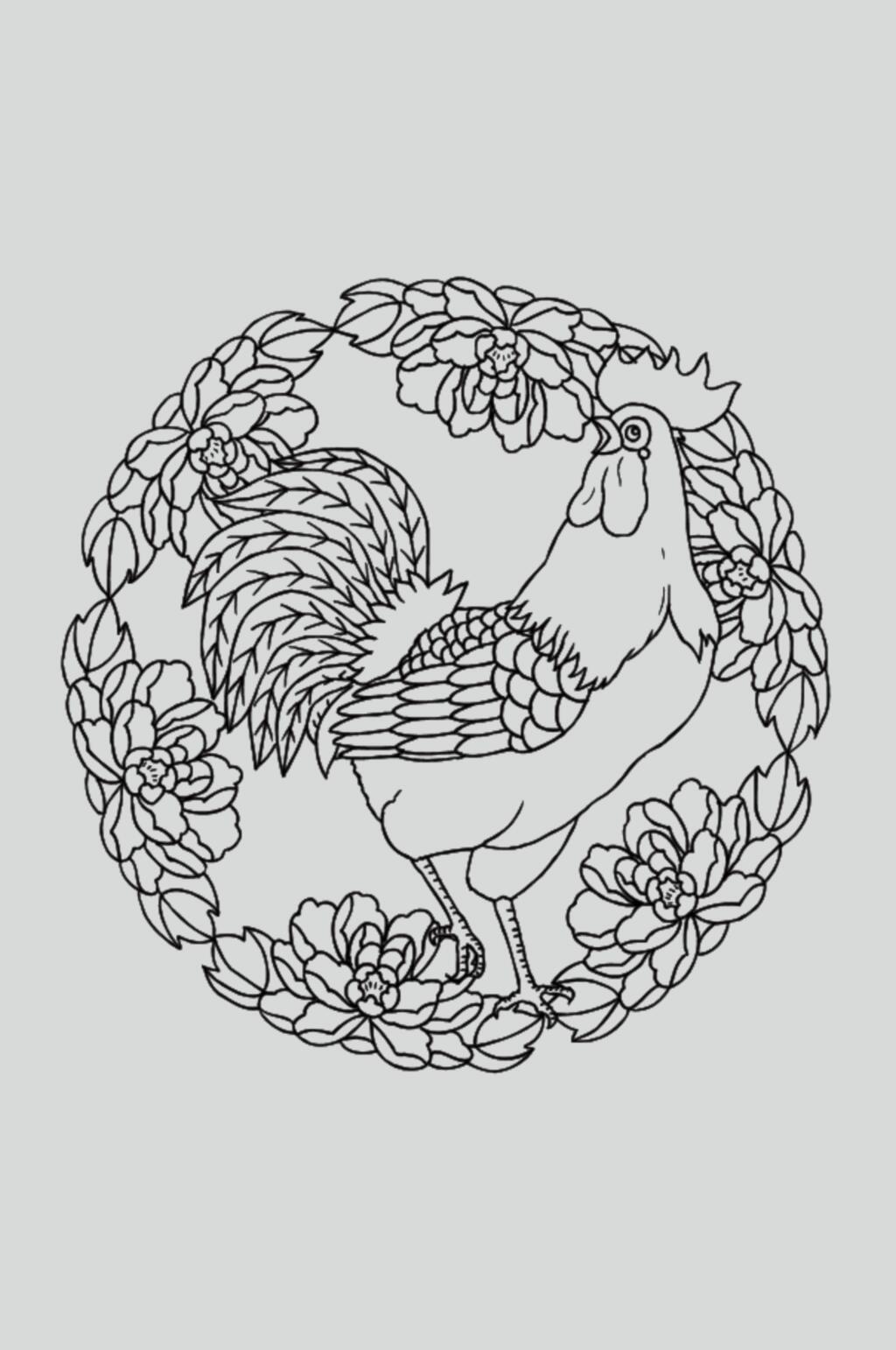 公鸡花朵黑色古典线描纹样矢量素材素材
