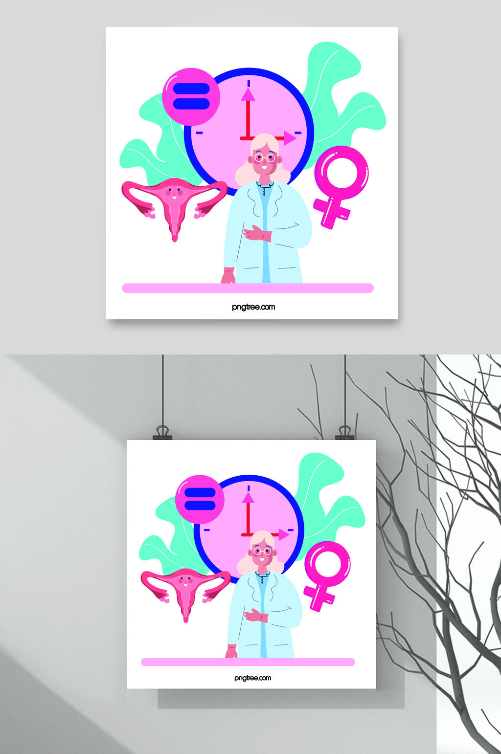时间女性简约绿粉医生妇科矢量素材素材