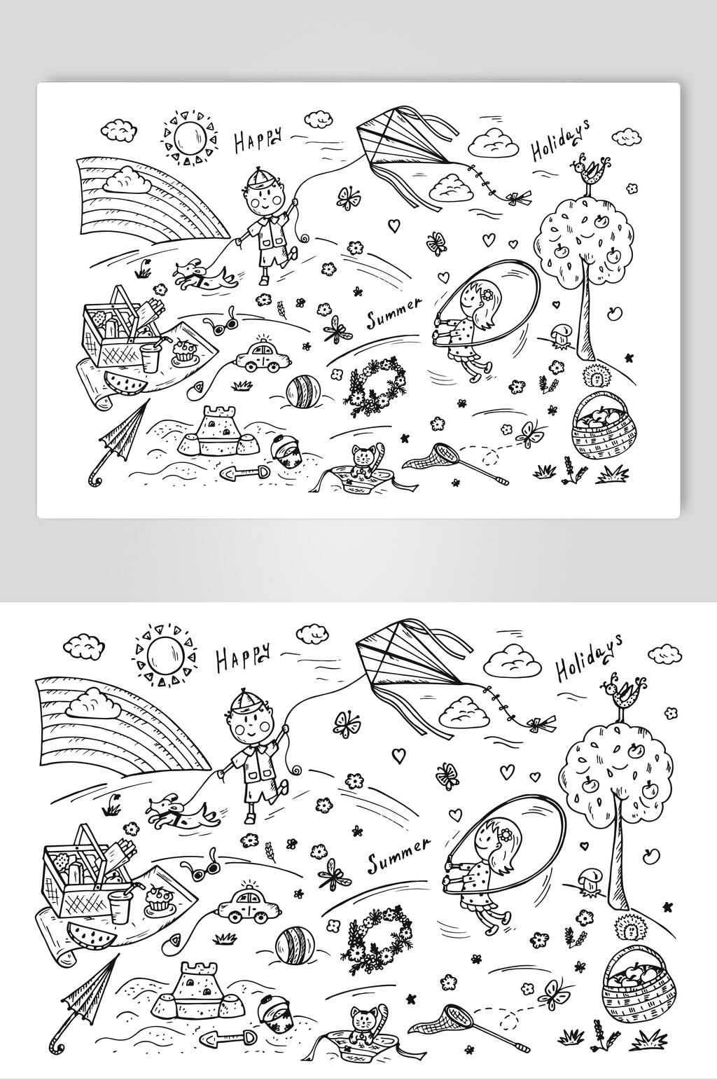 风筝黑色可爱卡通儿童插画矢量素材素材